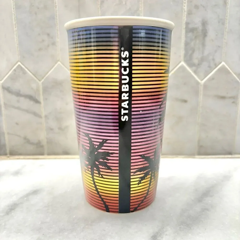 Vintage Starbucks Florida 2016 Sunset Palm Trees Ceramic Tumbler W/ Lid Multi 12